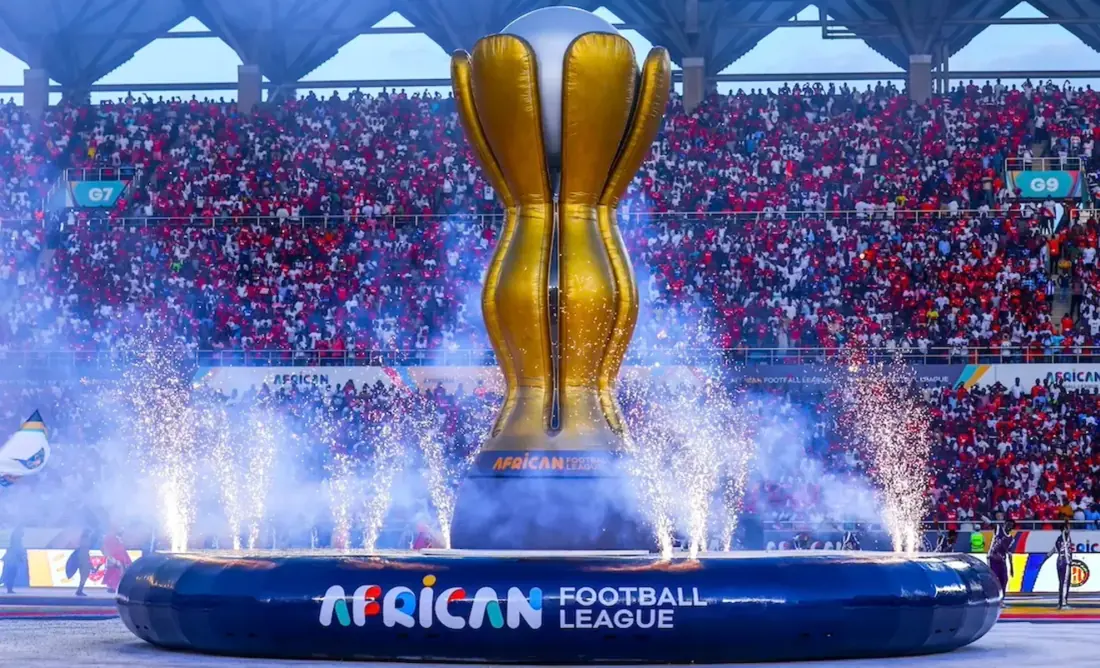 African Football League opening ceremony with trophy and stadium crowd