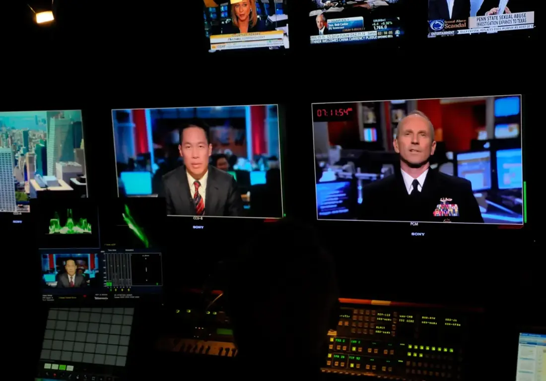24-hour news channel playout relaunch — control room monitor wall